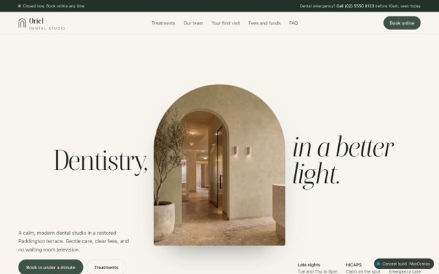 Homepage of the Oriel Dental Studio concept site, a fictional business built by MaxConnex