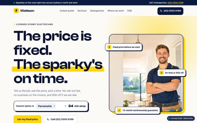 Homepage of the Wattson Electrical concept site, a fictional business built by MaxConnex