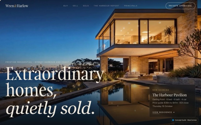 Homepage of the Wren & Harlow concept site, a fictional business built by MaxConnex